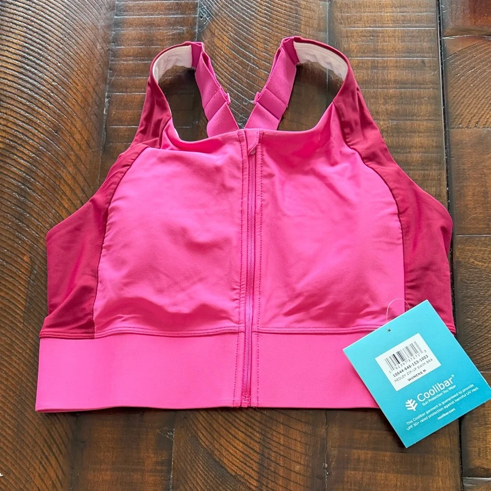 Coolibar Women's Two-Tone Pink Zip-Front Swim Top - Picture 1 of 5